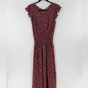 Octavia Boho Floral Maxi Dress XS Burgundy Red Smocked Waist Flutter Sleeve